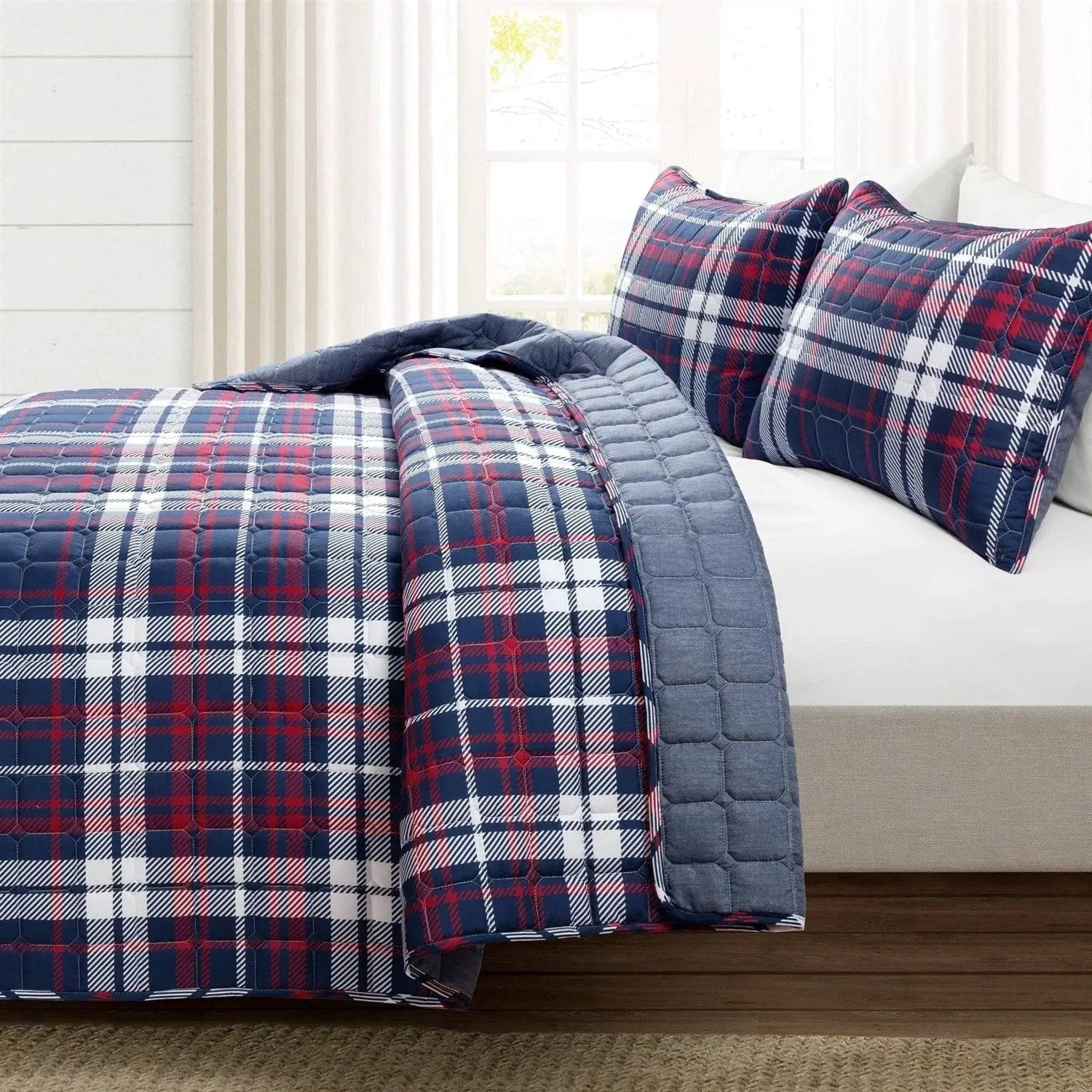 Full/Queen Farmhouse Plaid 3 Piece Lightweight Reversible Quilt Set by HomePacific
