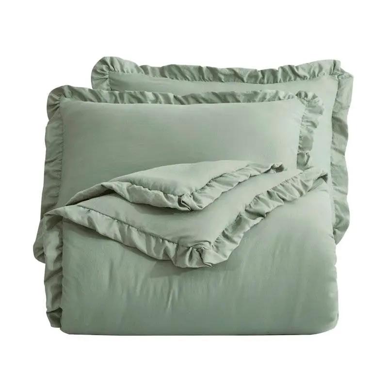 Full Size Sage Green Microfiber 3-Piece Comforter Set with Ruffled Edge Trim by HomePacific