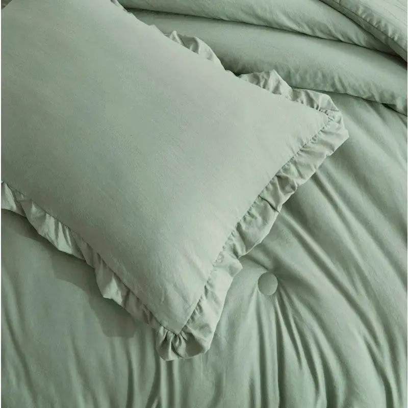 Full Size Sage Green Microfiber 3-Piece Comforter Set with Ruffled Edge Trim by HomePacific