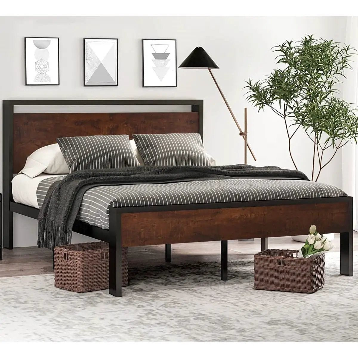 Full Metal Platform Bed Frame with Mahogany Wood Panel Headboard Footboard by HomePacific