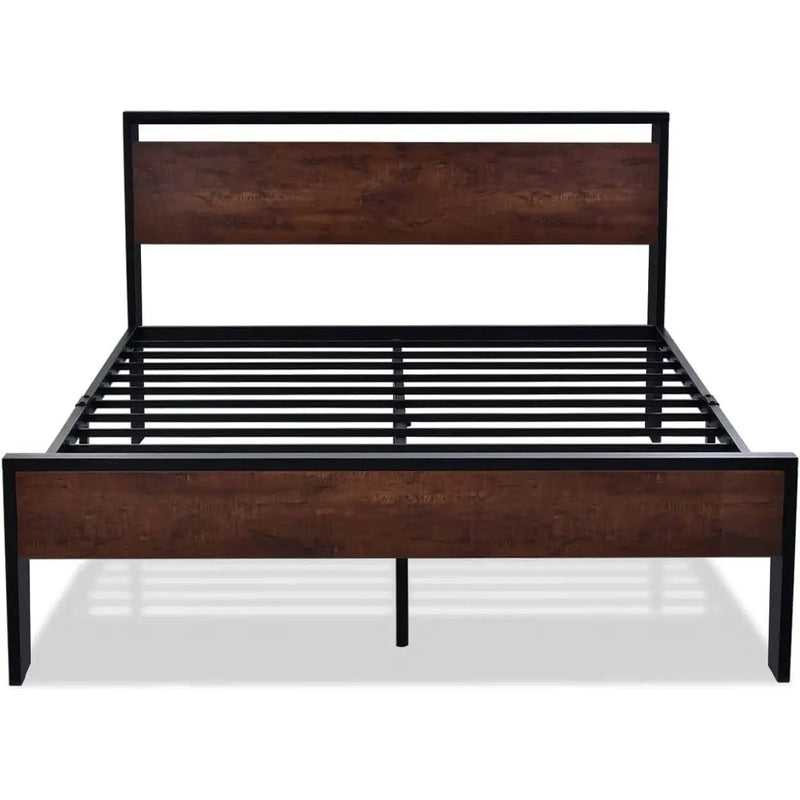 Full Metal Platform Bed Frame with Mahogany Wood Panel Headboard Footboard by HomePacific