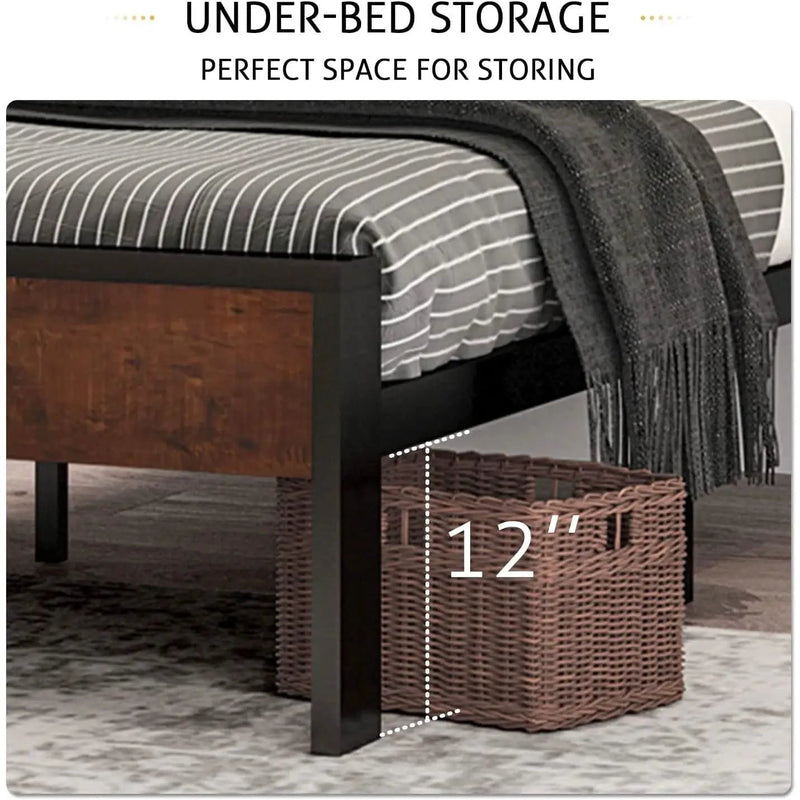 Full Metal Platform Bed Frame with Mahogany Wood Panel Headboard Footboard by HomePacific
