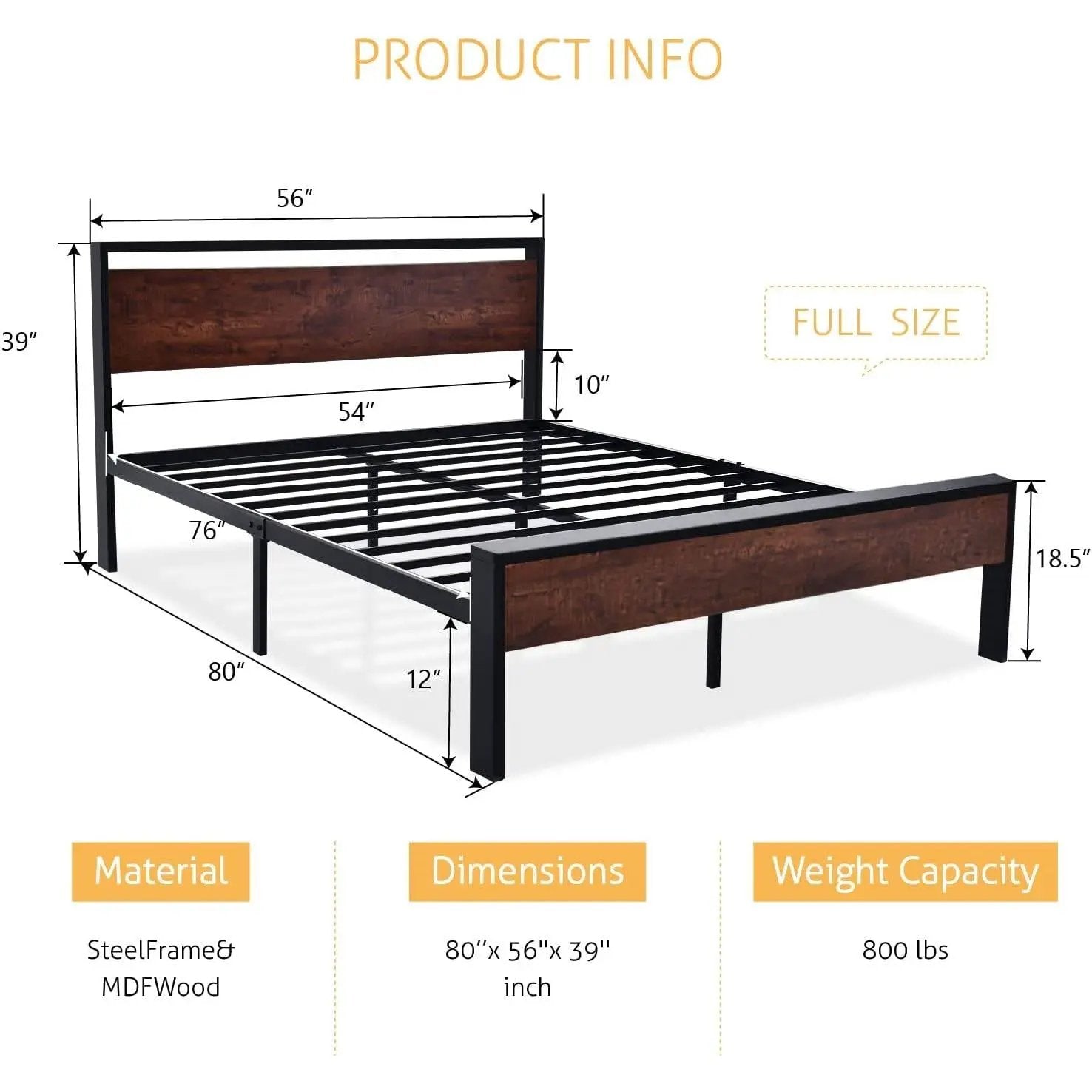 Full Metal Platform Bed Frame with Mahogany Wood Panel Headboard Footboard by HomePacific