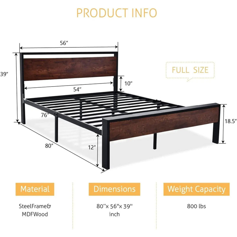Full Metal Platform Bed Frame with Mahogany Wood Panel Headboard Footboard by HomePacific