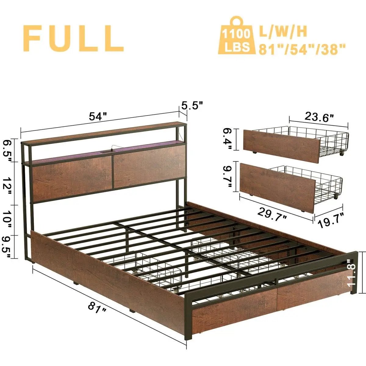 Full size Platform Bed with Headboard and Storage Drawers in Brown Wood Finish by HomePacific