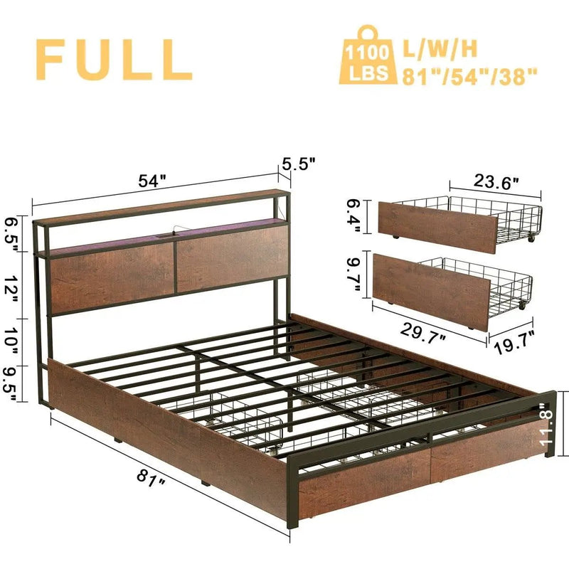 Full size Platform Bed with Headboard and Storage Drawers in Brown Wood Finish by HomePacific