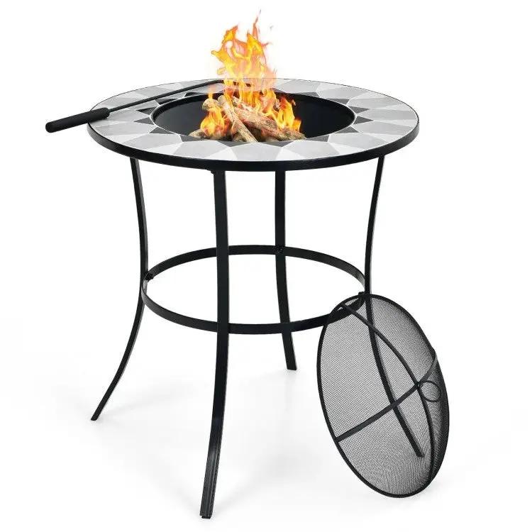 Portable Round Fire Pit Table with Mesh Cover and Fire Poker by HomePacific