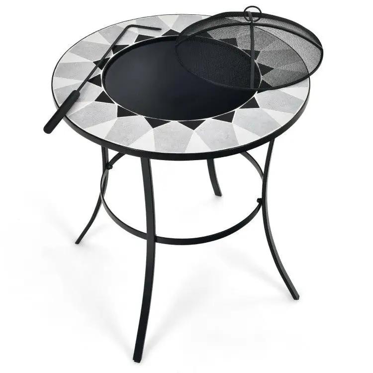 Portable Round Fire Pit Table with Mesh Cover and Fire Poker by HomePacific