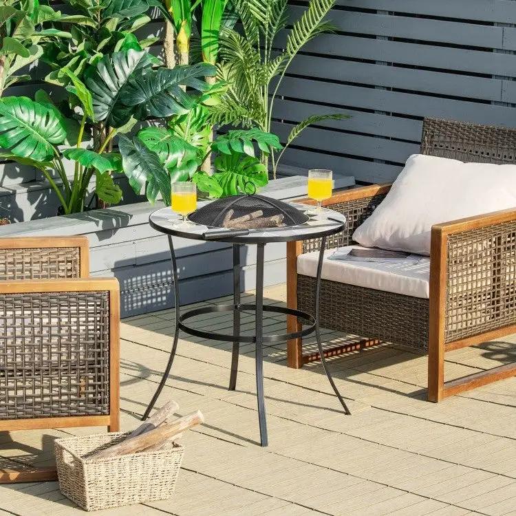 Portable Round Fire Pit Table with Mesh Cover and Fire Poker by HomePacific