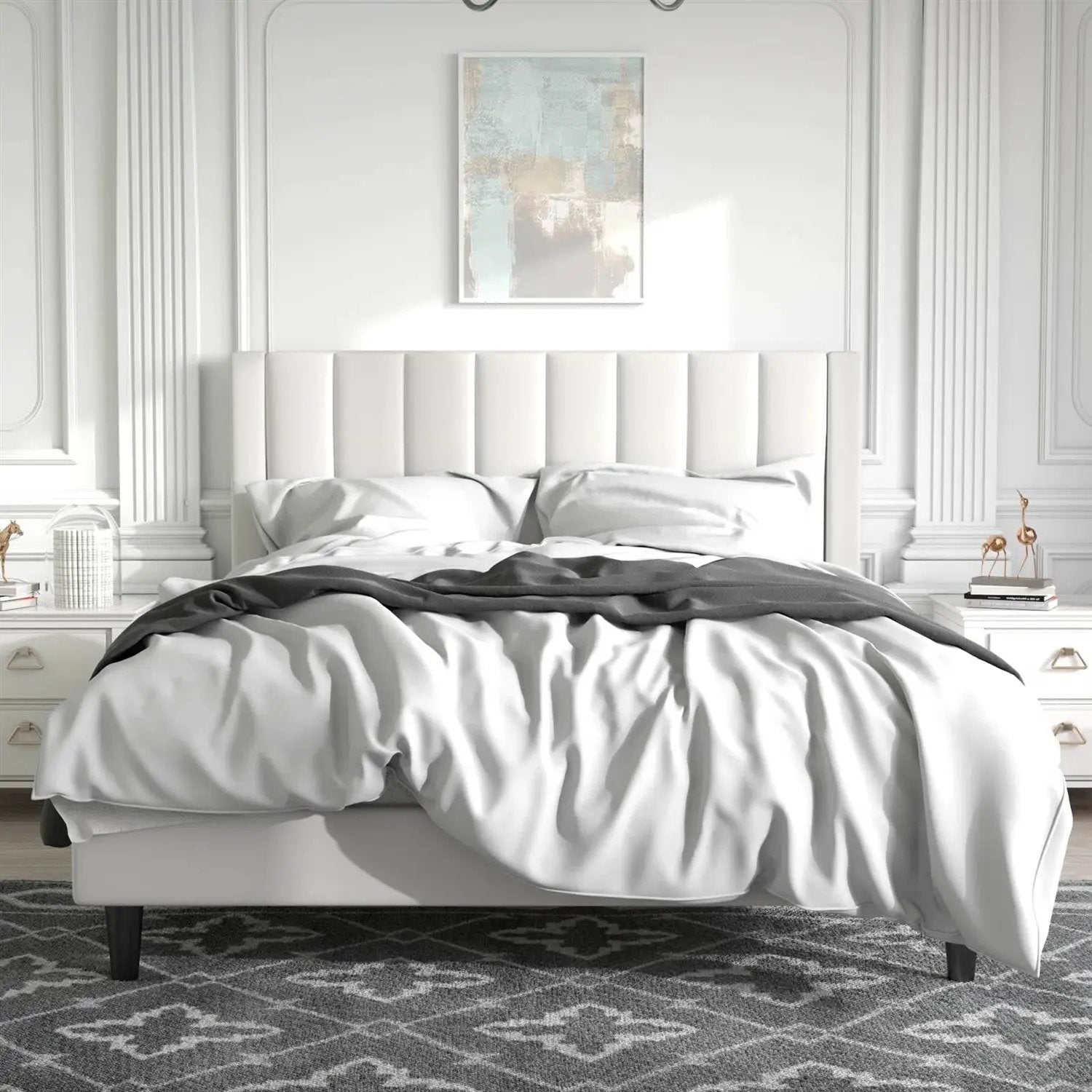 Full size White Velvet Upholstered Platform Bed Frame with Headboard by HomePacific