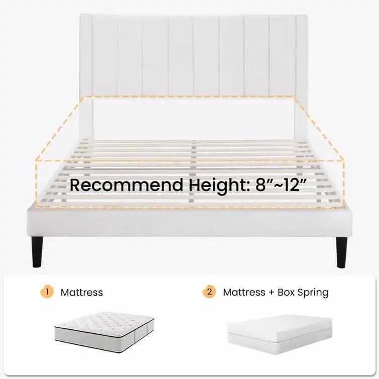 Full size White Velvet Upholstered Platform Bed Frame with Headboard by HomePacific