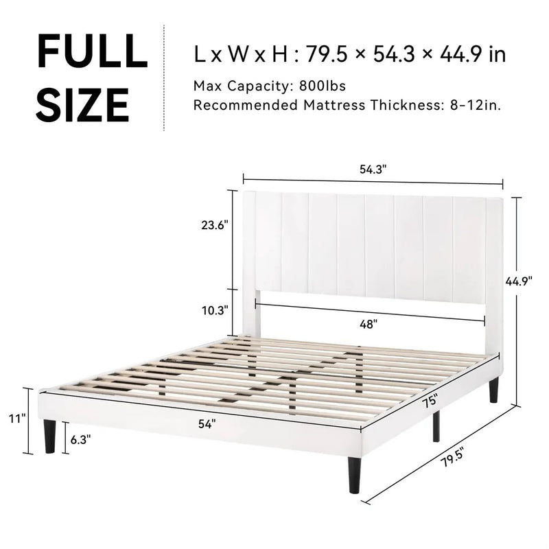Full size White Velvet Upholstered Platform Bed Frame with Headboard by HomePacific