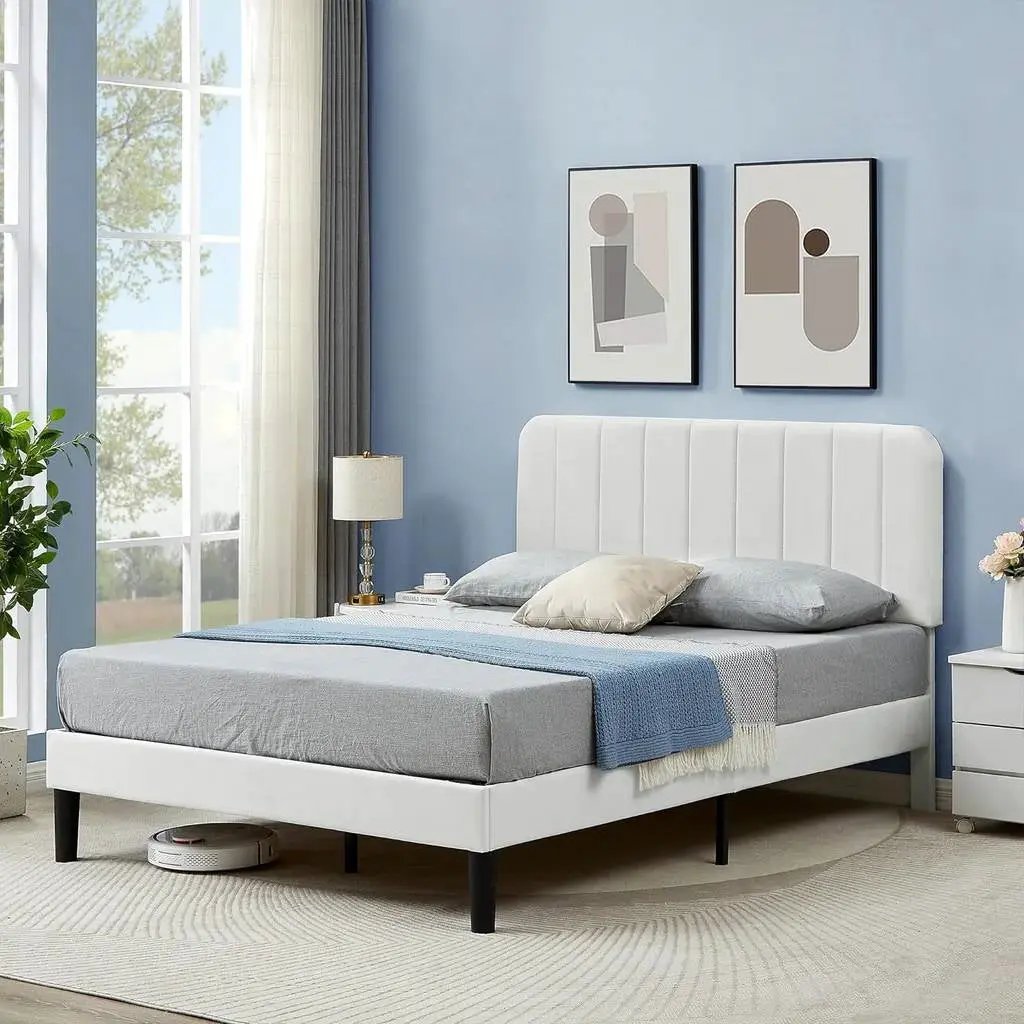 Full size White Upholstered Platform Bed Frame with Headboard by HomePacific