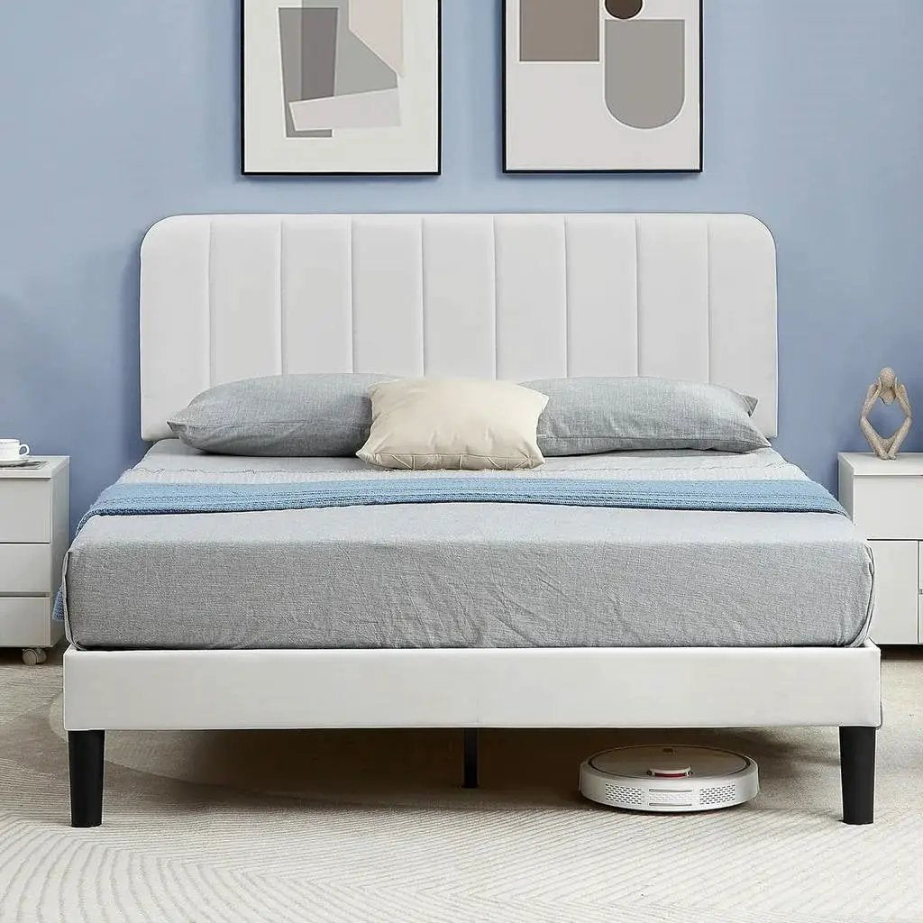 Full size White Upholstered Platform Bed Frame with Headboard by HomePacific