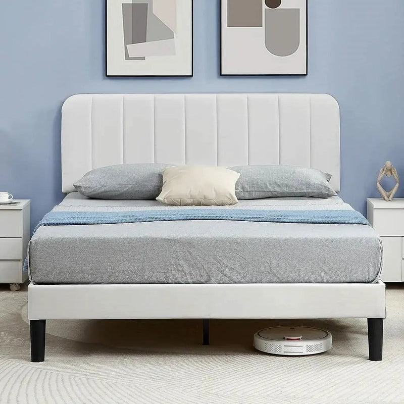 Full size White Upholstered Platform Bed Frame with Headboard by HomePacific