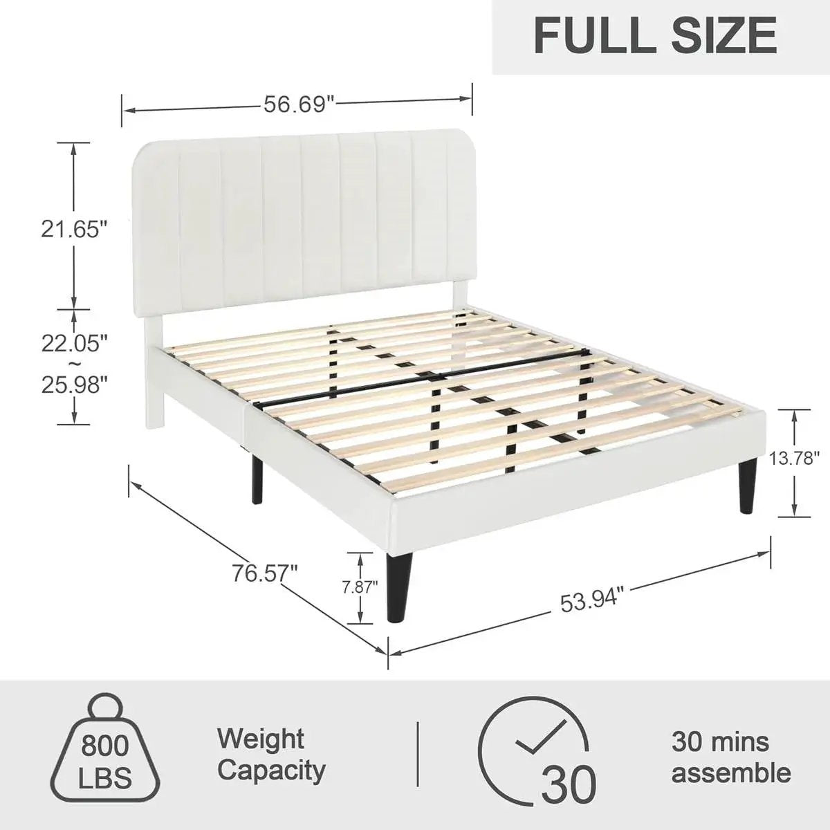 Full size White Upholstered Platform Bed Frame with Headboard by HomePacific
