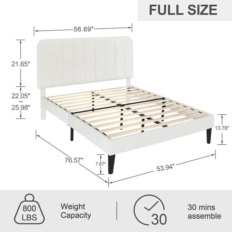 Full size White Upholstered Platform Bed Frame with Headboard by HomePacific