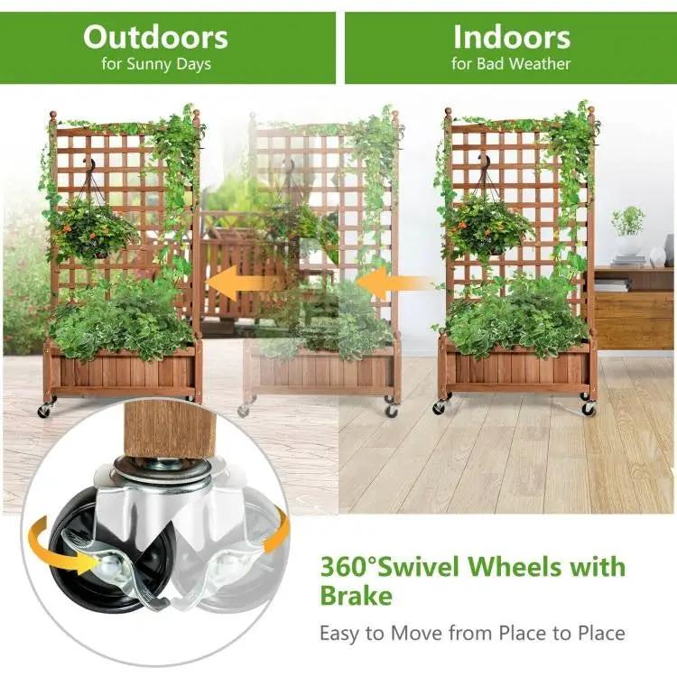 Outdoor Solid Wood Raised Garden Bed Mobile Planter Box with Trellis on Wheels by HomePacific