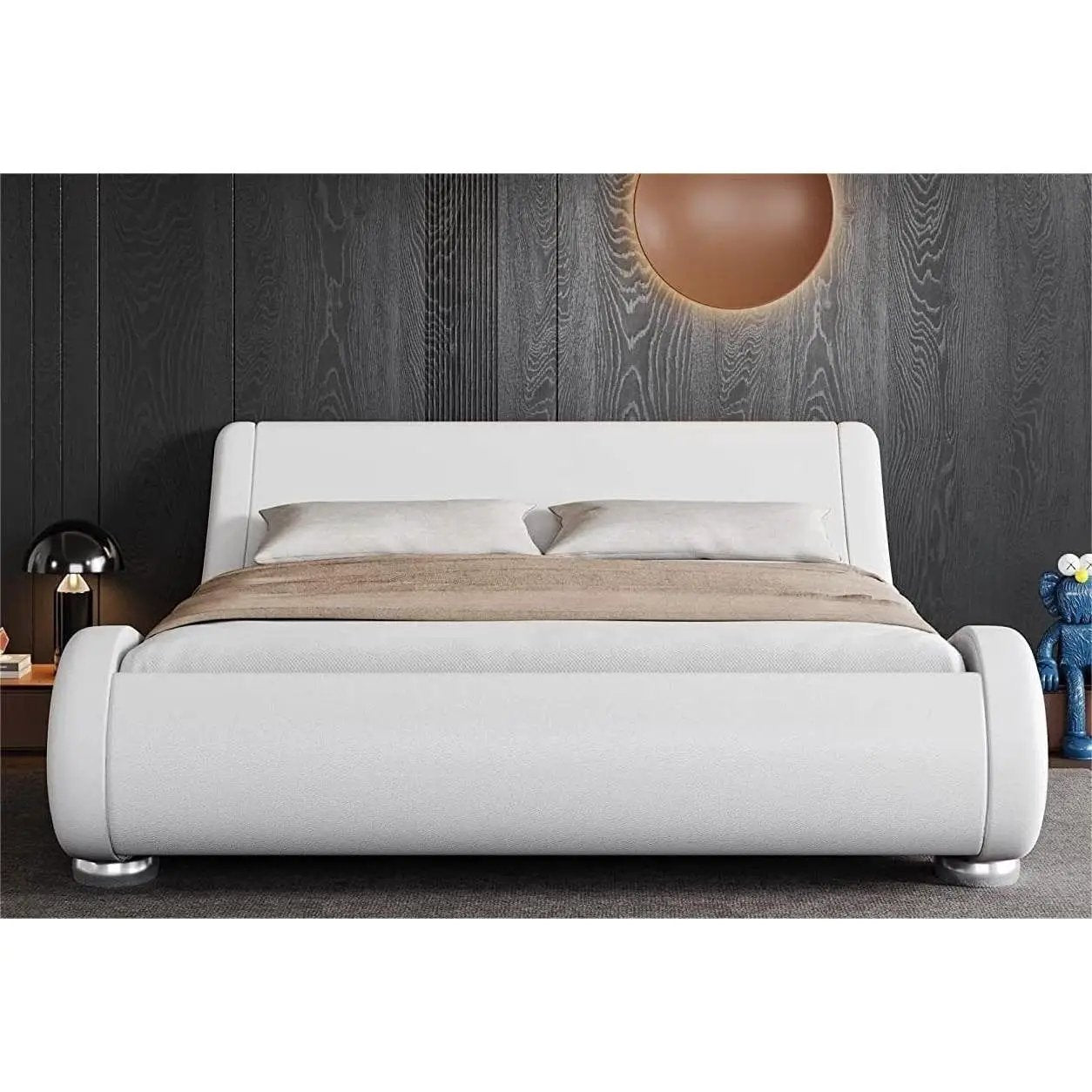 Full Modern White Upholstered Platform Bed Frame with Sleigh Curved Headboard by HomePacific