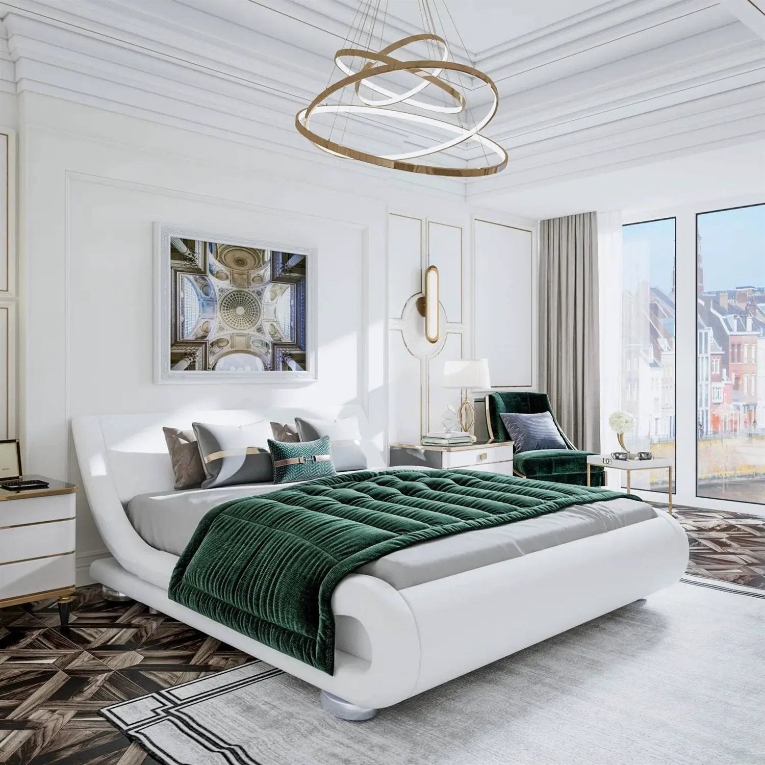 Full Modern White Upholstered Platform Bed Frame with Sleigh Curved Headboard by HomePacific