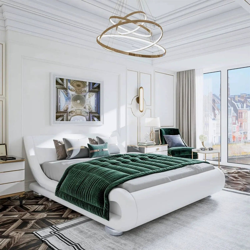 Full Modern White Upholstered Platform Bed Frame with Sleigh Curved Headboard by HomePacific