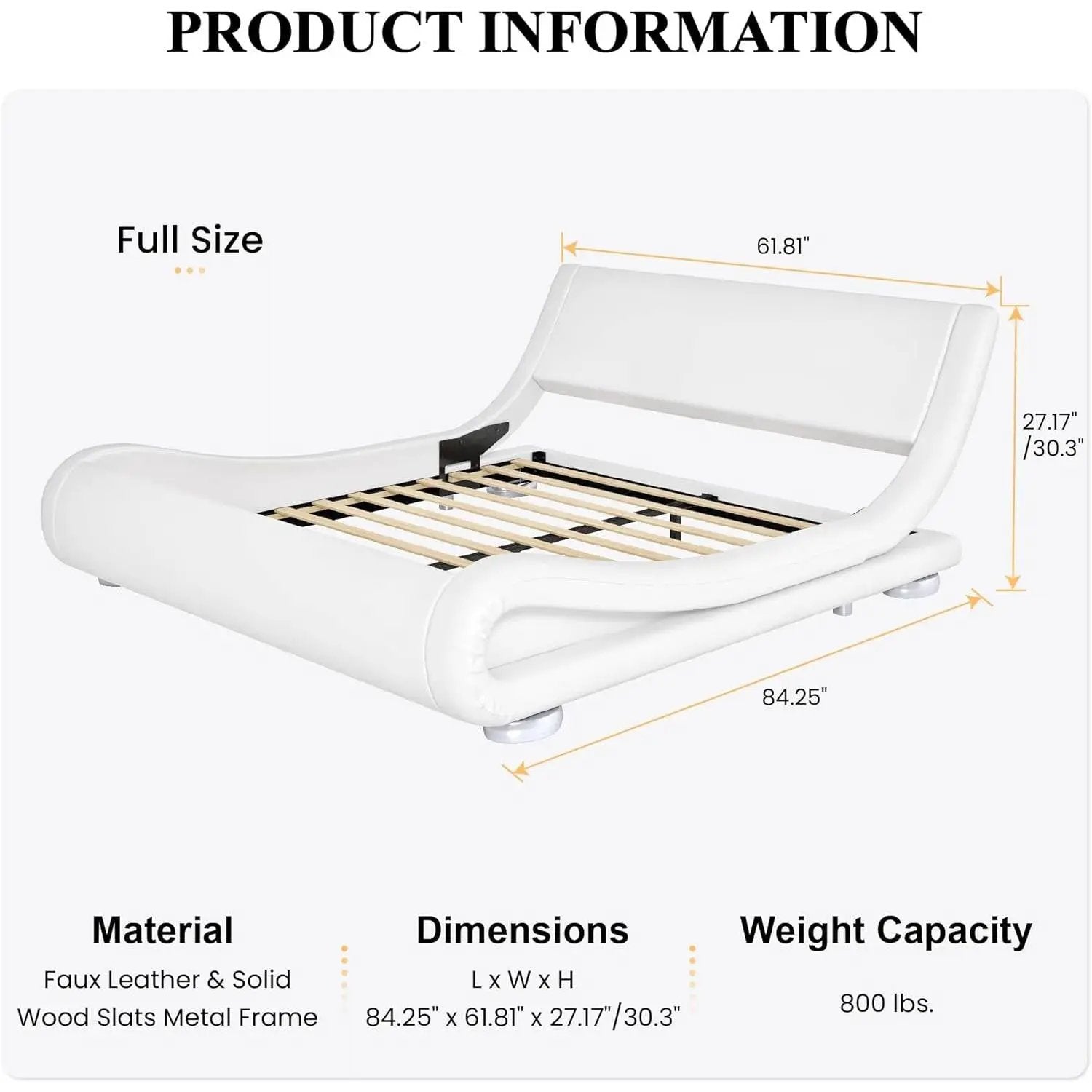 Full Modern White Upholstered Platform Bed Frame with Sleigh Curved Headboard by HomePacific