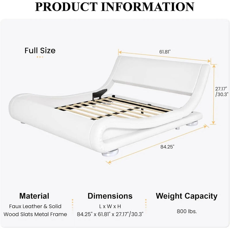 Full Modern White Upholstered Platform Bed Frame with Sleigh Curved Headboard by HomePacific