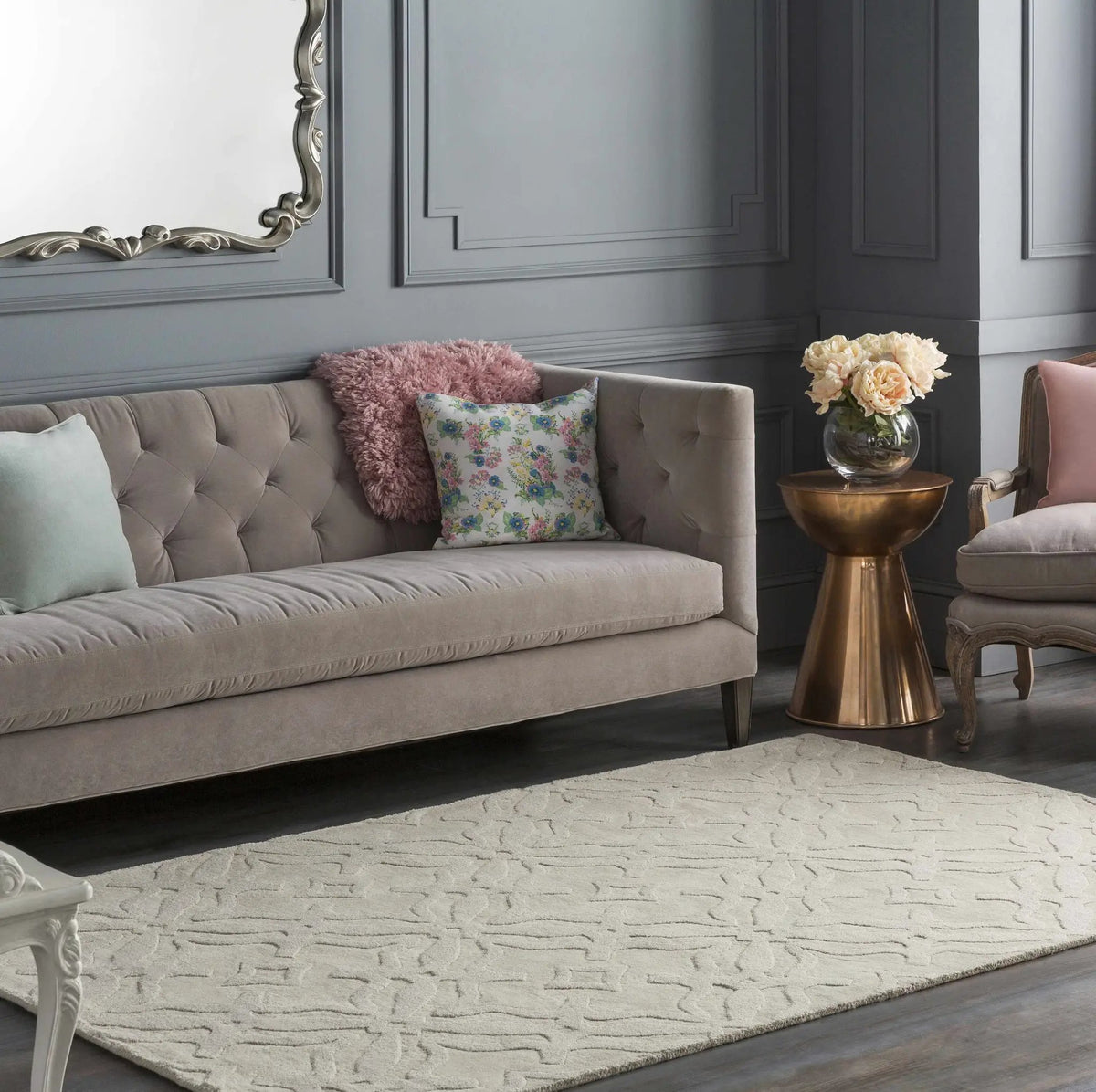 Fyffe Embossed Beige Wool Area Rug, installed in a room 3