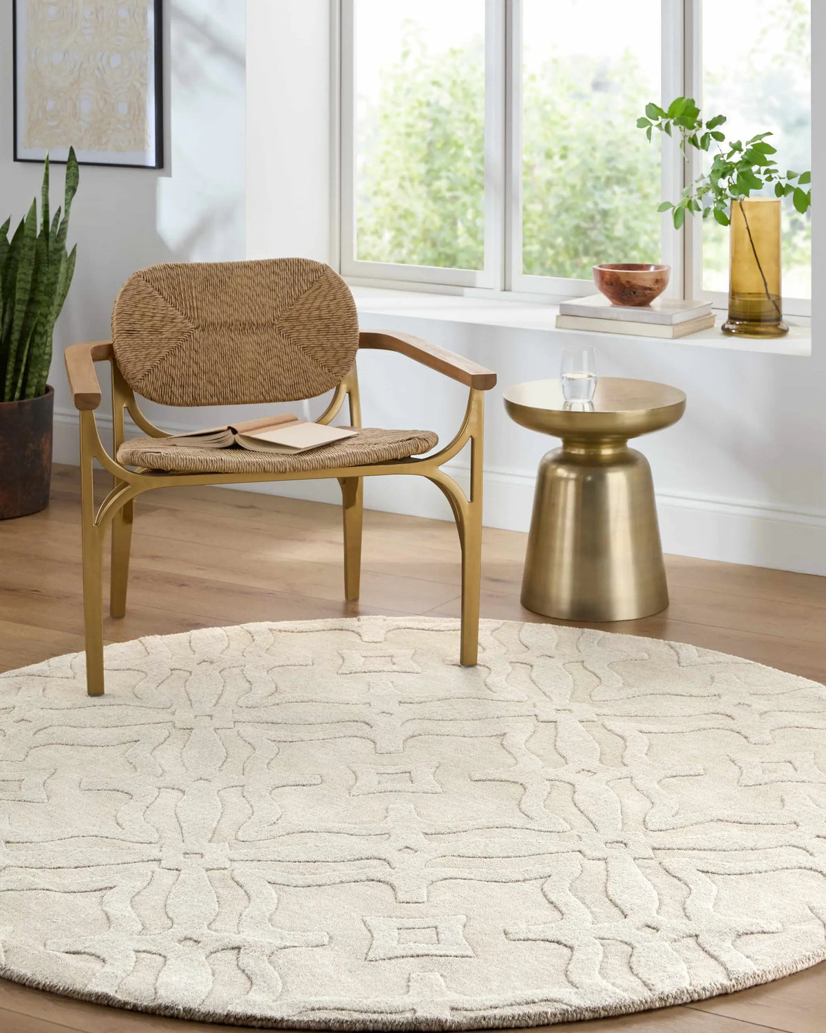 Fyffe Embossed Beige Wool Area Rug, installed in a room 2