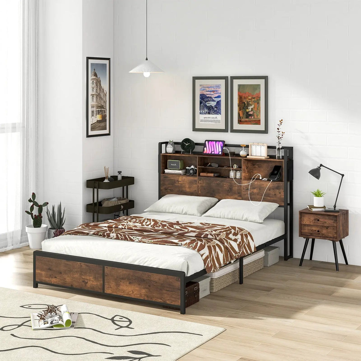 Full/Queen Size Bed Frame with 3-Tier Bookcase Headboard and Charging Station, photo 14 of 16