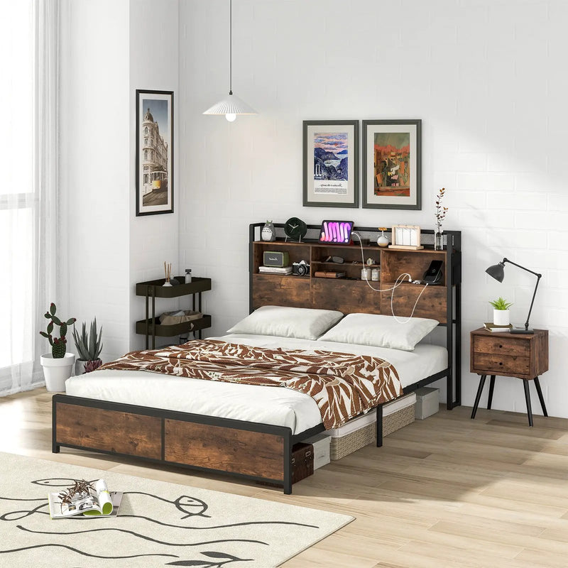 Full/Queen Size Bed Frame with 3-Tier Bookcase Headboard and Charging Station by DirectDeals