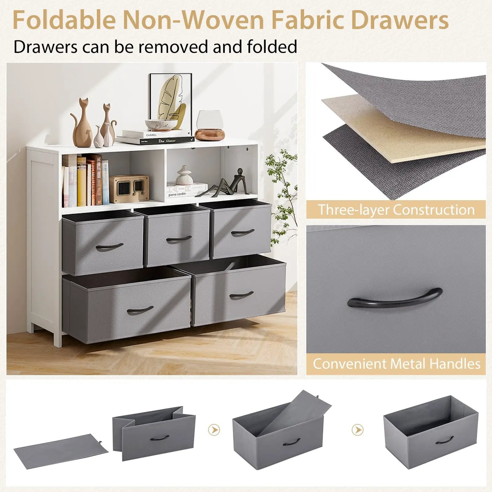 Fabric Dresser with 5 Drawers for Bedroom-White by DirectDeals
