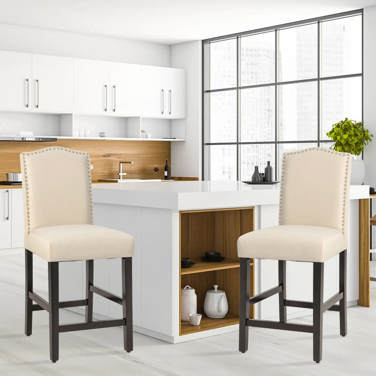 2 Pcs Fabric Nail Head Counter Height Dining Side Chairs Set by DirectDeals