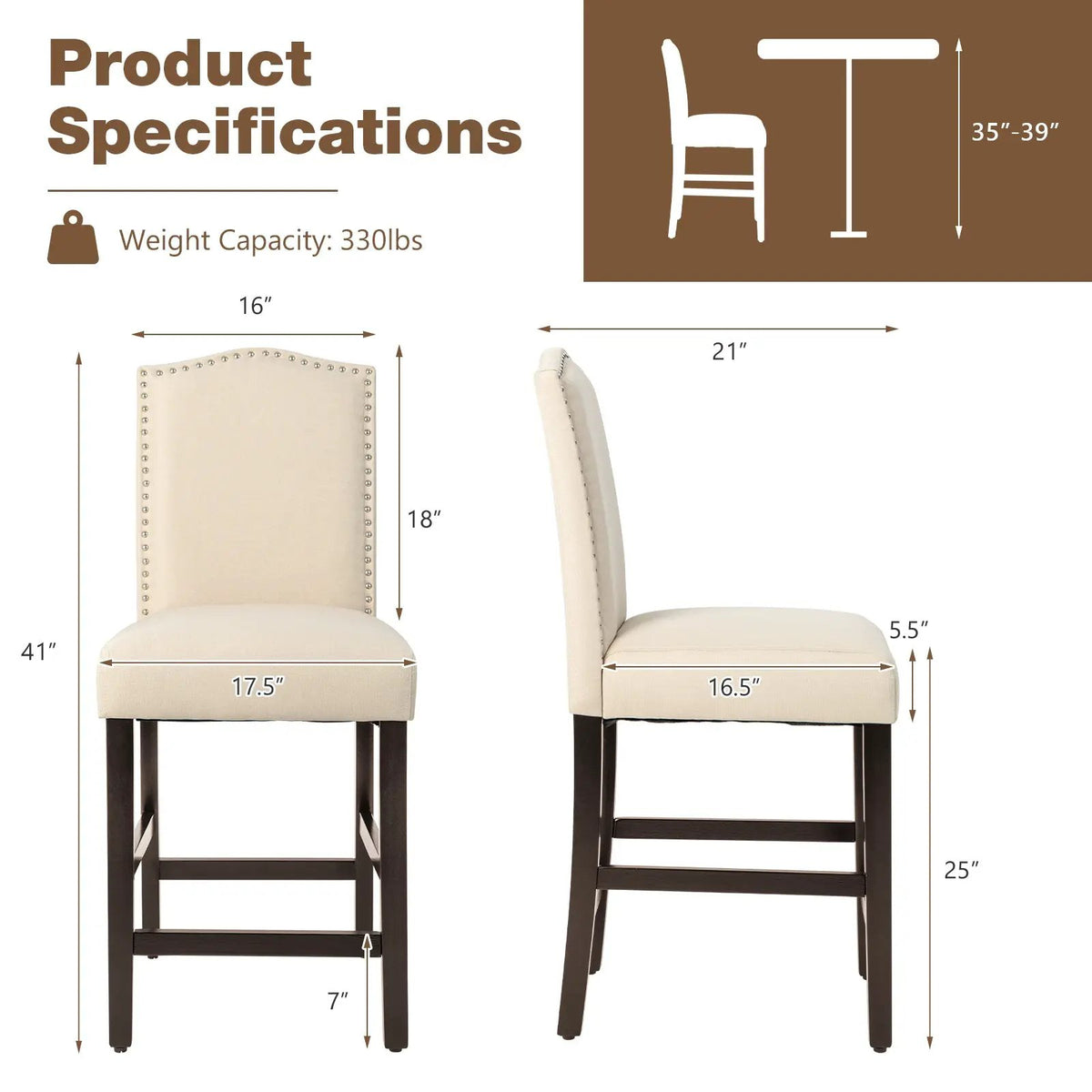 2 Pcs Fabric Nail Head Counter Height Dining Side Chairs Set by DirectDeals