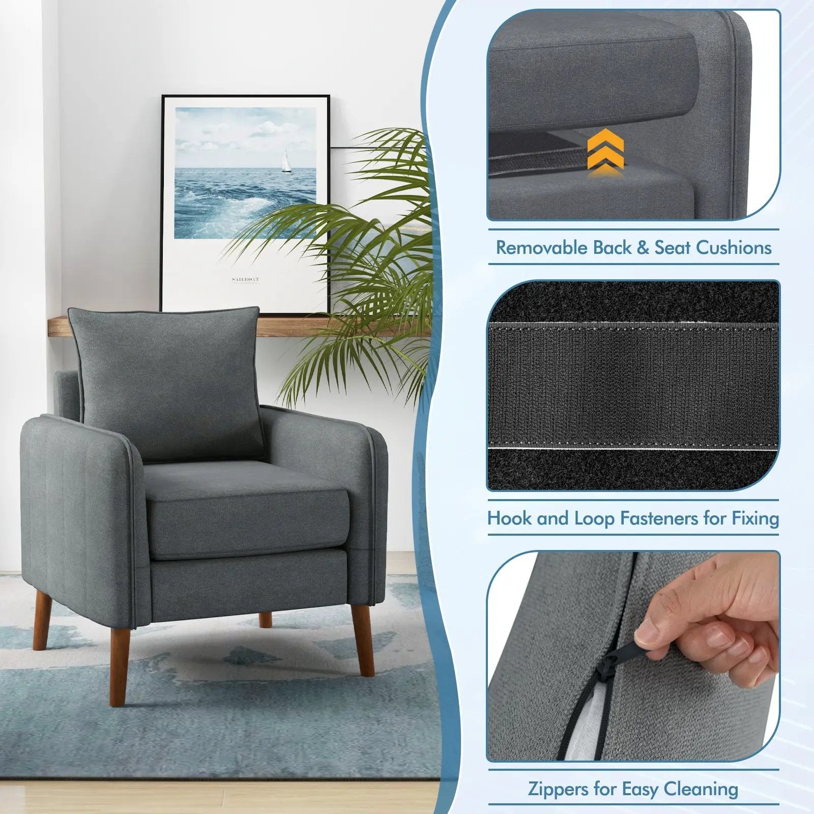 Fabric Upholstered Sofa Chair with Removable Back and Seat Cushions-Gray by DirectDeals