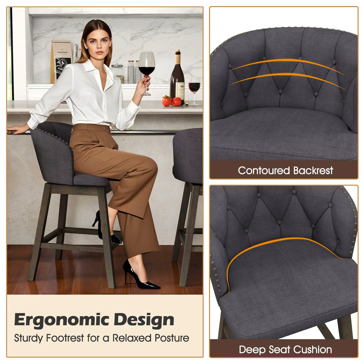 Counter Height Fabric Upholstered Bar Stools Set of 2, photo 5 of 9