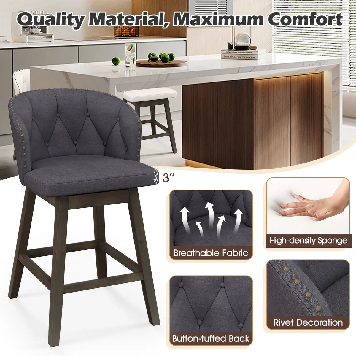 Counter Height Fabric Upholstered Bar Stools Set of 2, photo 6 of 9