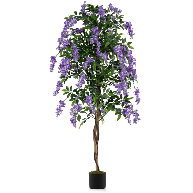 Set of 2 Fake Ficus Plant 6 FT Artificial Wisteria Tree with Natural Trunks and Purple Lifelike Flowers by DirectDeals