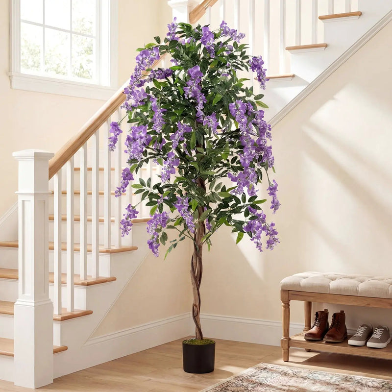 Set of 2 Fake Ficus Plant 6 FT Artificial Wisteria Tree with Natural Trunks and Purple Lifelike Flowers by DirectDeals