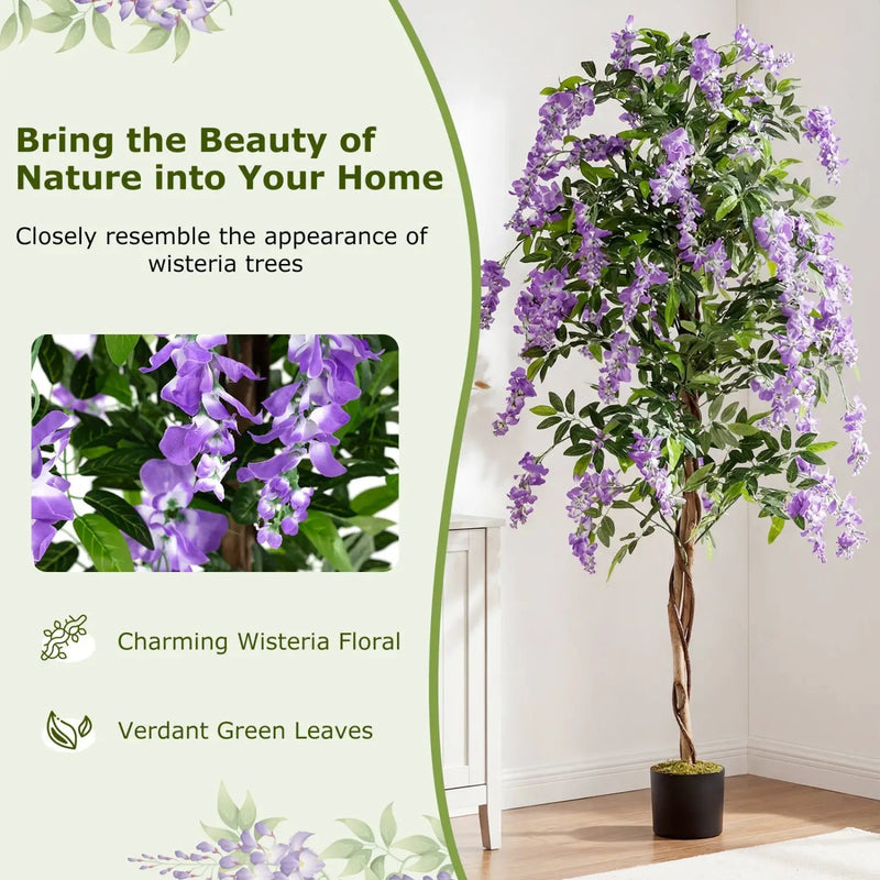 Set of 2 Fake Ficus Plant 6 FT Artificial Wisteria Tree with Natural Trunks and Purple Lifelike Flowers by DirectDeals