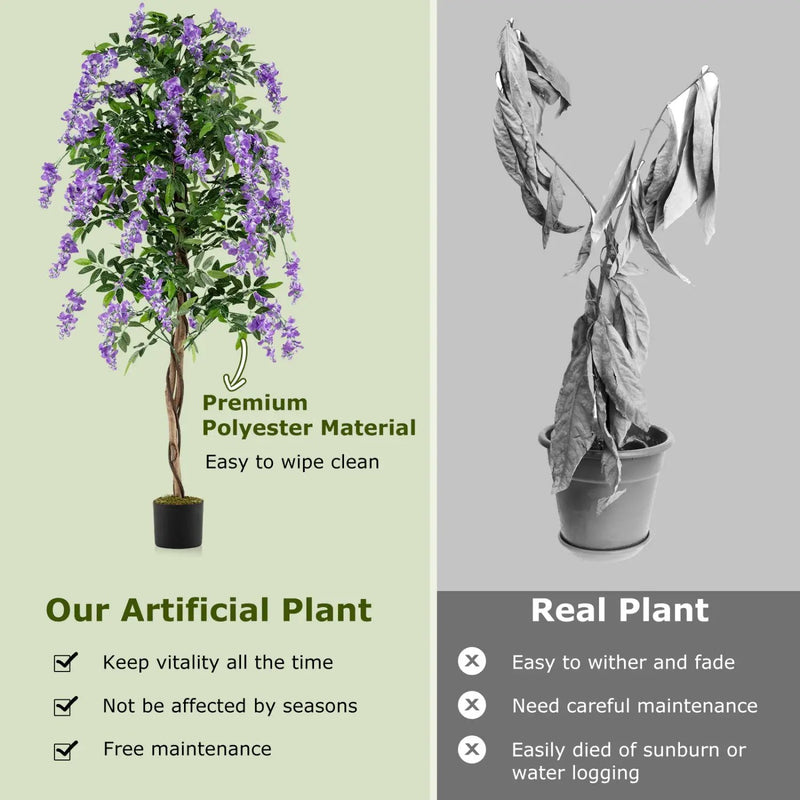 Set of 2 Fake Ficus Plant 6 FT Artificial Wisteria Tree with Natural Trunks and Purple Lifelike Flowers by DirectDeals