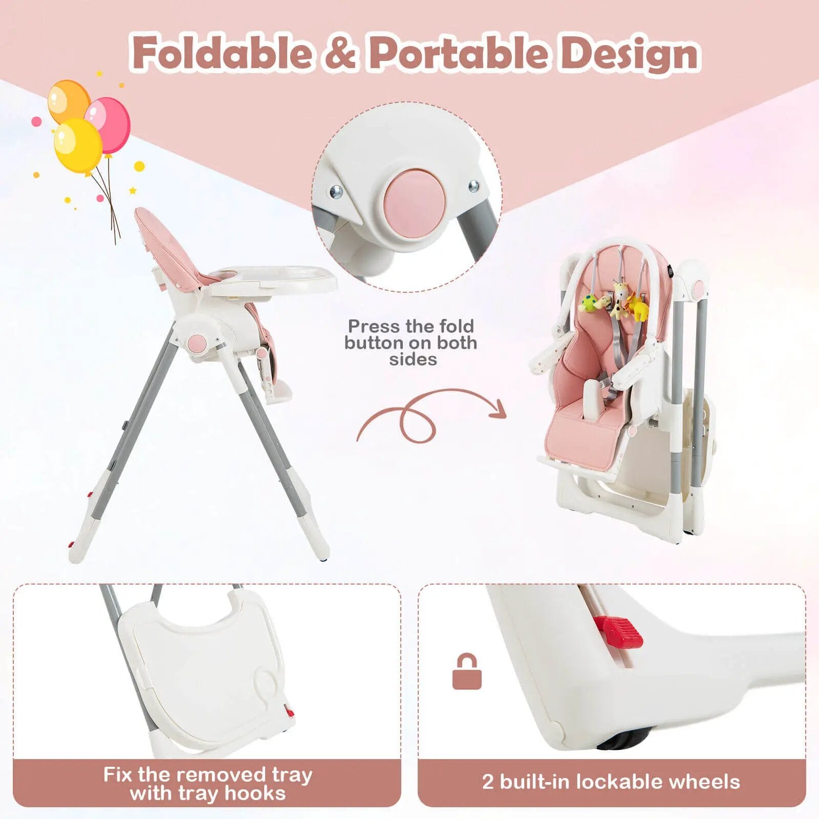 4-in-1 Foldable Baby High Chair with 7 Adjustable Heights and Free Toys Bar by DirectDeals