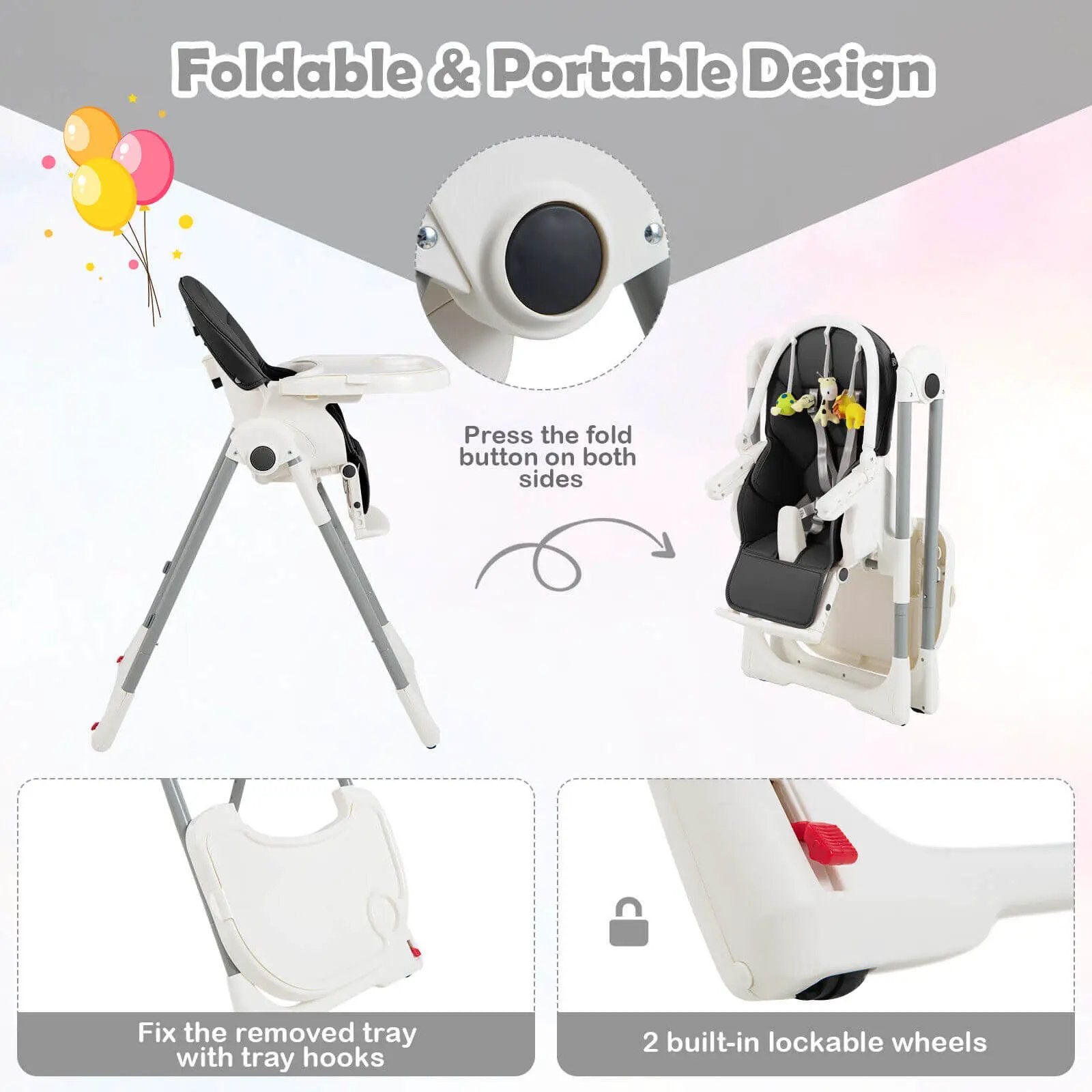 4-in-1 Foldable Baby High Chair with 7 Adjustable Heights and Free Toys Bar by DirectDeals