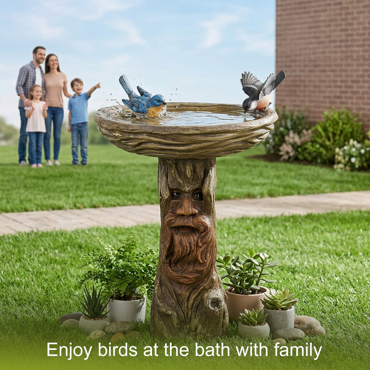 Concrete Stone Bird Bath Old Man Tree Face 23 Inch, photo 5 of 13