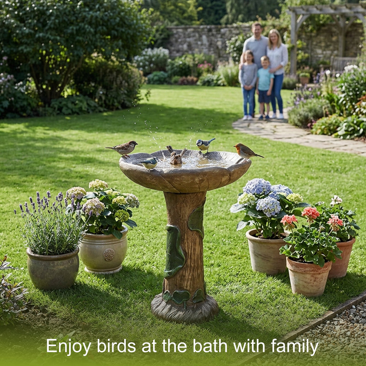 Concrete Rustic Bird Bath Carved Trunk 24 Inch, photo 6 of 12
