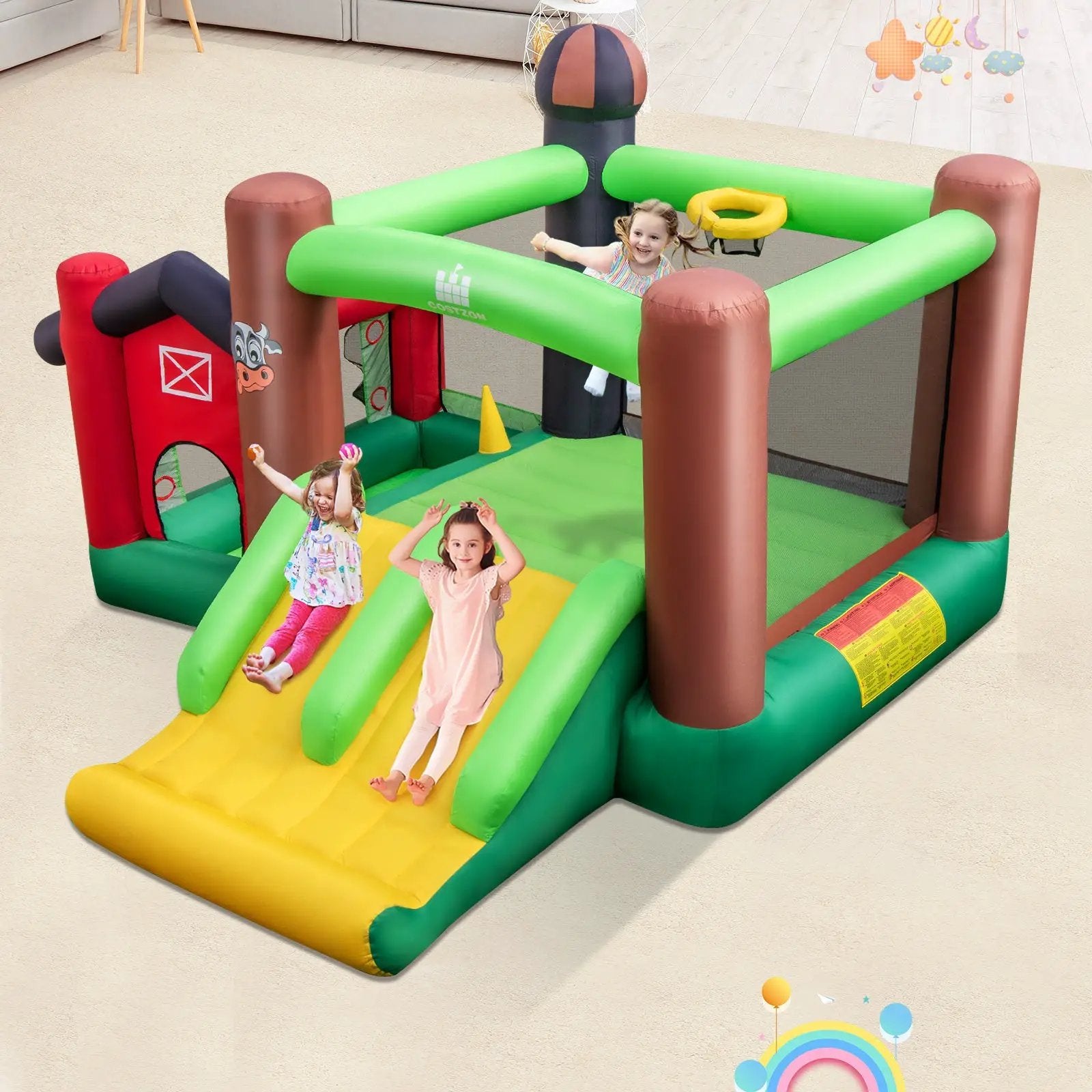 6-in-1 Inflatable Bounce House with Double Slides without Blower by DirectDeals