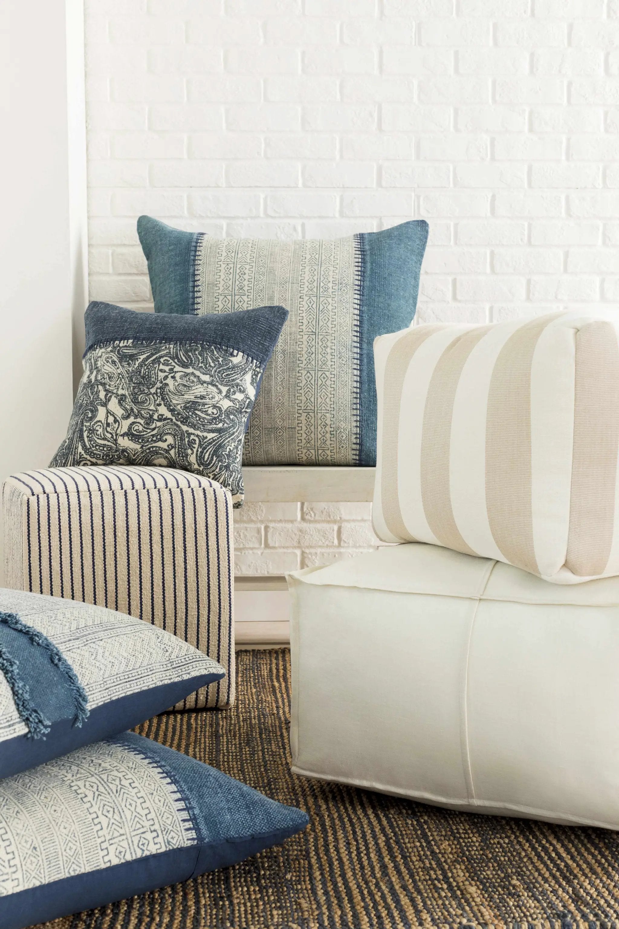 Friendsville Solid & Striped Ivory Pouf by Boutique Rugs