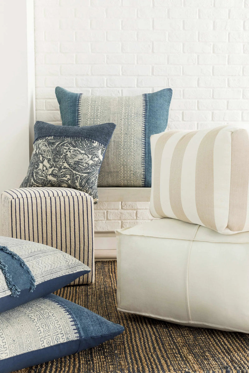 Friendsville Solid & Striped Ivory Pouf by Boutique Rugs