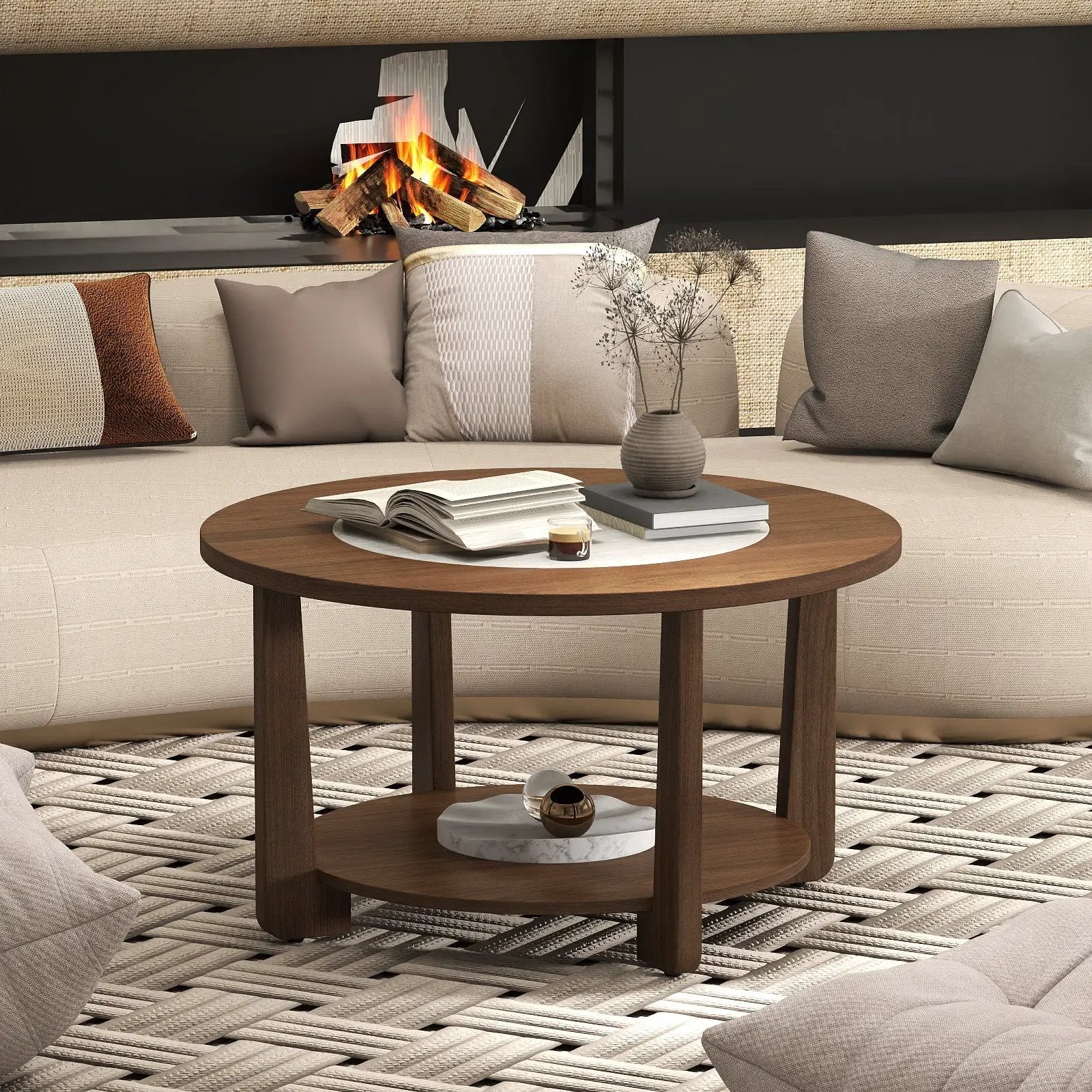 Farmhouse Accent Round Coffee Table with 2-Tone Tabletop and Open Storage Shelf for Living Room-Brown by DirectDeals