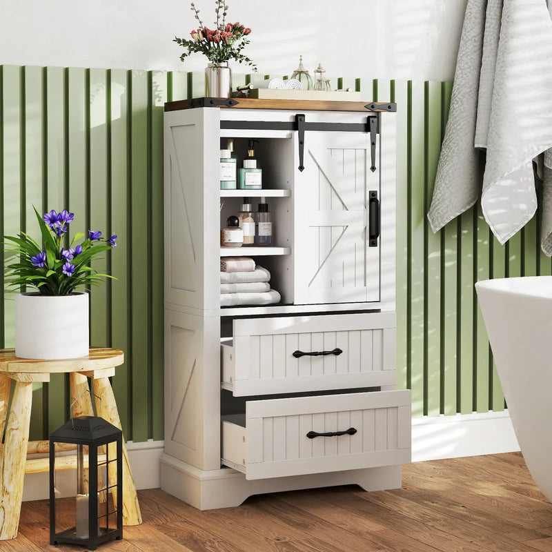 Farmhouse Bathroom Floor Cabinet Freestanding Wooden Storage Organizer-White by DirectDeals